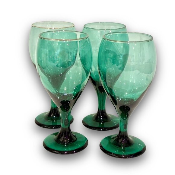 Vintage Libbey Juniper Green Teardrop Goblets 4 with Gold Rim 4 without Gold (8) - Picture 2 of 4